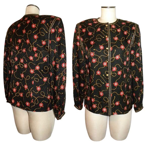 80s Scarf Print SILK Blouse | Fleur-de-Lis Tassel Black Red Gold Pattern | S - Picture 4 of 10